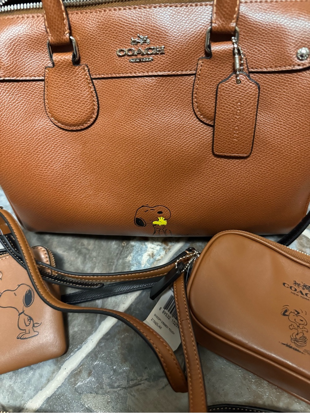 Coach Brown Pebble Leather Satchel and Pouch Set with Snoopy Motif - Picture 5 of 5